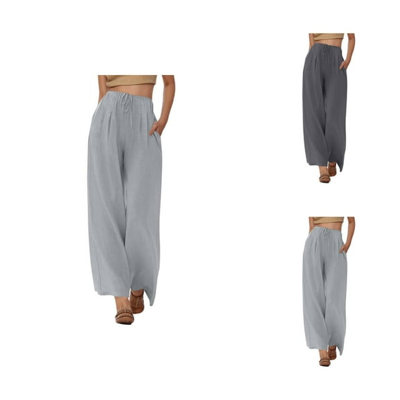 Women's Casual Pants Summer High Waisted Drawstring Linen Wide Leg Beach Trousers With Pockets Comfortable Pure Color Loose Fit For Travel Relaxation