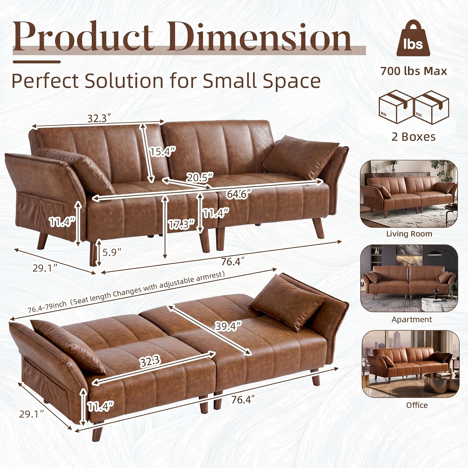 77" Faux Leather Sofa,Mid Century Modern Convertible Futon Sofa Bed Loveseat with Adjustable Armrest and Backrest,2 Pillows for Living Room,Office,Brown