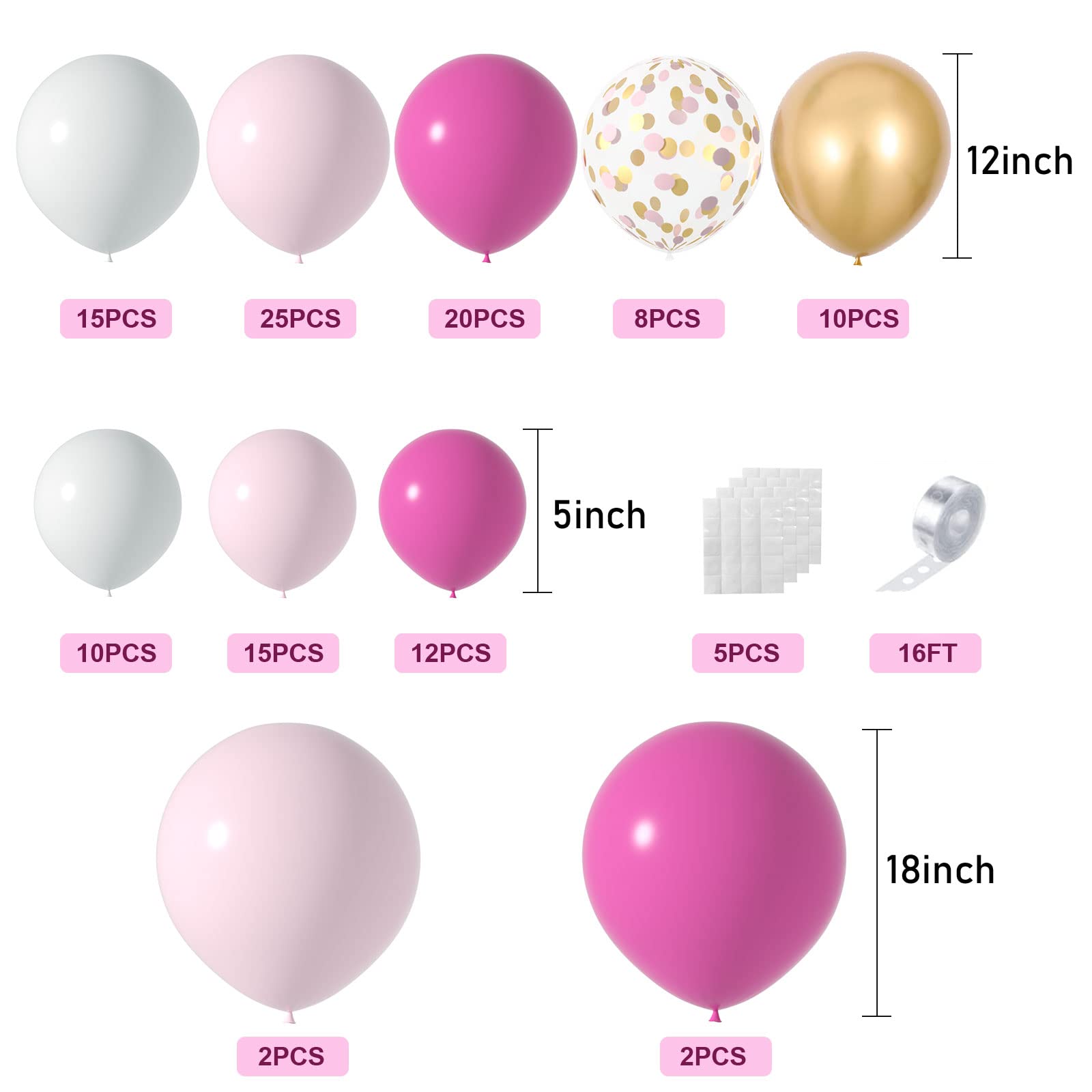 Janinus Pink Balloons Garland Arch Kit KKS1&nbsp;5+12+18 In Hot Pink Gold and White Balloons For Princess Baby Girl Shower Graduation Decorations Bachelorette Birthday Valentines Day Decor