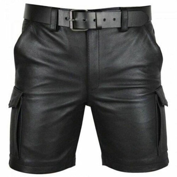 S-5X Plus Size Mens Big & Tall PU-Leather Shorts with Pockets Straight Leg Stretchy Slim Solid Color Mid Waisted Streetwear Motorcycle Cargo Short