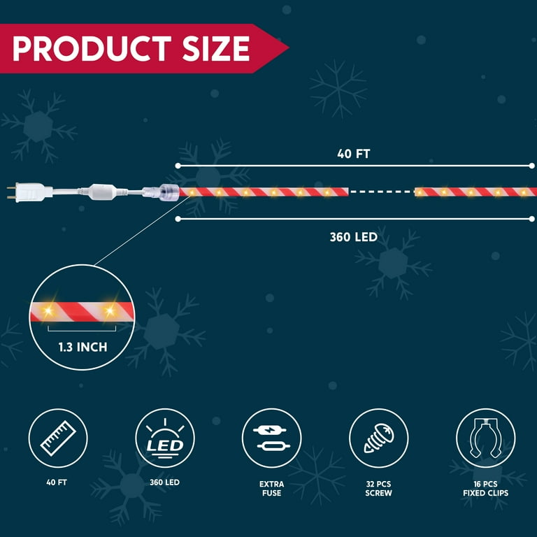 Joyfy 40FT 360 LED Candy Cane Rope Lights Christmas Outdoor Decoration Light,Red and White Christmas Lights Led Lights Light Up Candy Canes for Christmas Yard Holiday Decor