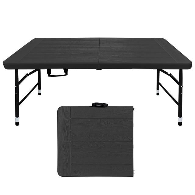 4ft Black Wood-Grain Folding Table, Portable Plastic Table for Camping, Picnics, Parties, High Load Bearing Foldable Table