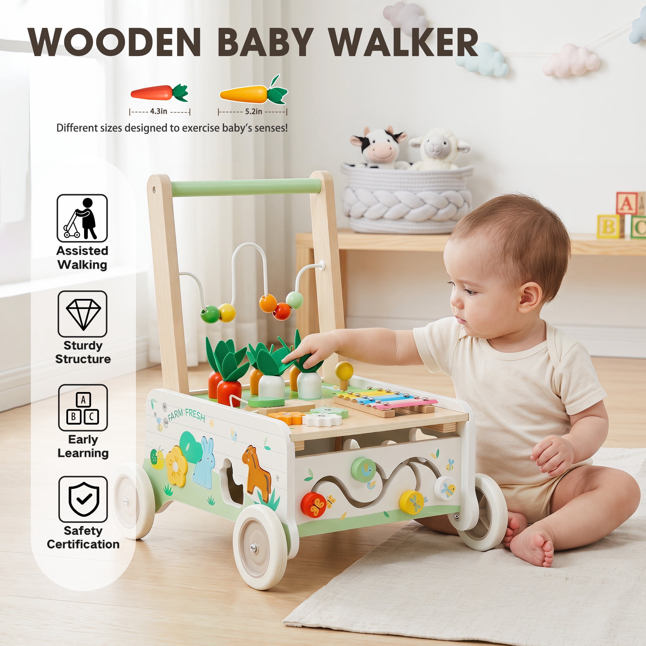 Jolie Vallee Wooden Baby Walker,Push Walker with Activity Center,Push Wlakers for Babies 18 M+,Adjustable Speed and Height Walkers for Boys/Girls