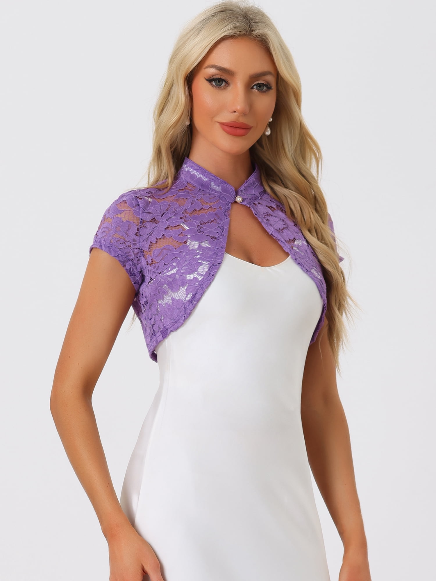 DARING DIVA Lace Cardigan Stand Collar Short Elegant Shrug S Purple