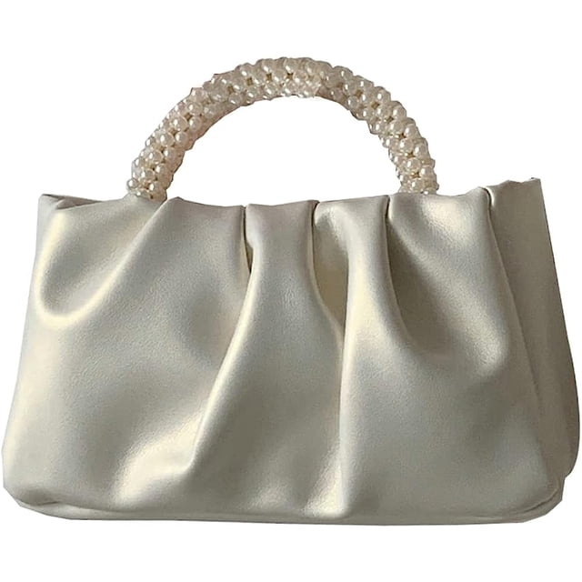 LHSHID Evening Bag Purse for Women Pearl Tote Bag Rhinestone Clutch Handbags Soft Leather Cloud Purse for Wedding Party Prom