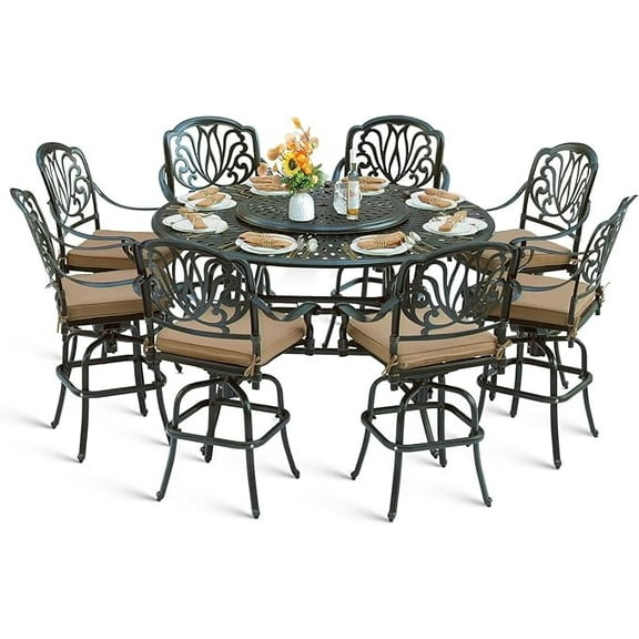MEETWARM 10-Piece Outdoor Bar Set, All Weather Cast Aluminum Patio Bar Furniture with 8 Cushioned Swivel Bar Stools, Large 61" Round Patio Bar Height Table with Detachable Lazy Susan, Umbrella Hole
