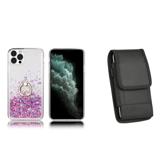 Waterfall Liquid Glitter Stand Case and Belt Holster Pouch for iPhone 14 Pro Max - Pink Purple