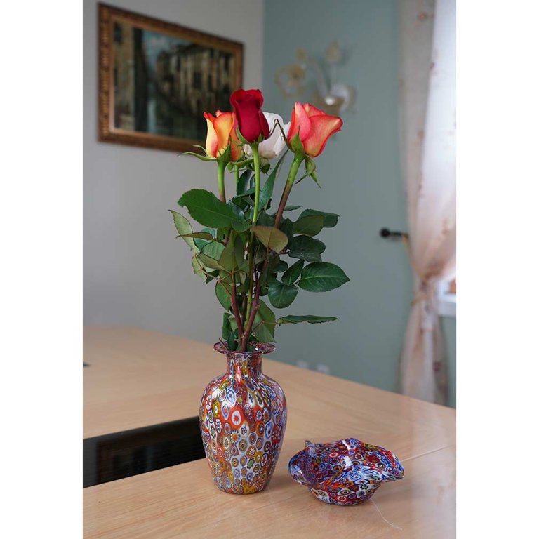 GlassOfVenice Murano Glass Golden Quilt Millefiori Urn Vase