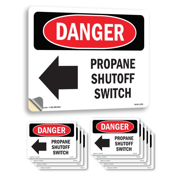 Propane Shutoff Switch [Left Arrow] OSHA Danger Vinyl Decal Label 7 Inch x 5 Inch - 10 Pack