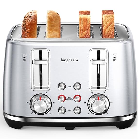LONGDEEM 4 Slice Toaster Wide Slot, Dual Independent Controls, 6 Browning Levels, High Lift & Cancel, Removable Crumb Tray, Silver