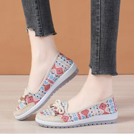 

HIBRO Womens Shoes Ethnic Style Casual Shoes Flat Heel Soft Sole Hollow Breathable Bow Casual Shoes