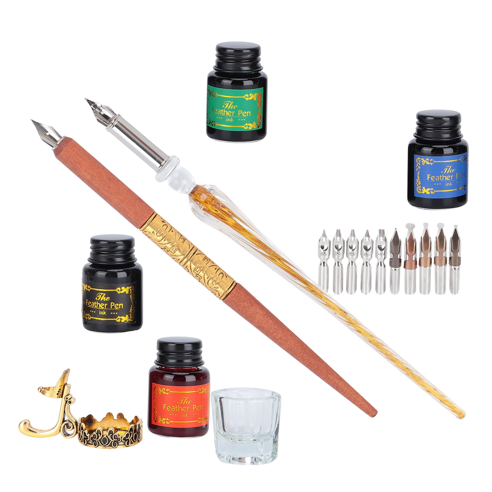 M Buder Dip Pen Kit Flat Round Nibs with Ink Holder for Writing Drawing Calligraphy, SP249045 Fire Color Rod Glass Pen, 9.45 inches / 24 cm length, Vintage English Art Calligraphy Gift Set