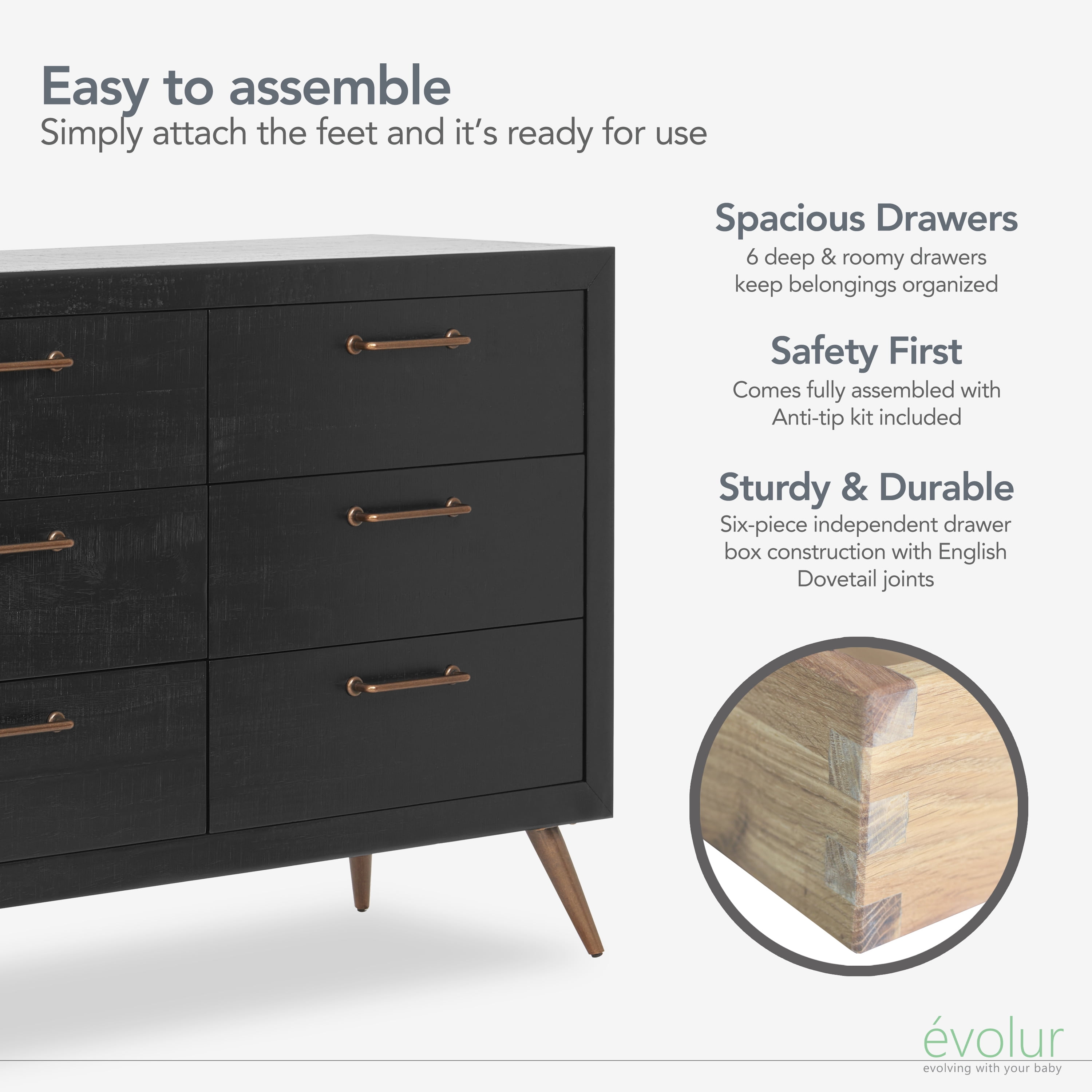 Evolur Stilnovo Mid Century Double Dresser In Onyx Black