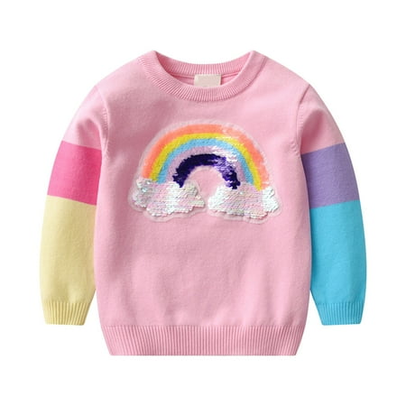 

Youmylove Toddler Boys Girls Winter Long Sleeve Cartoon Rainbow Sequin Embroidery Knit Sweater Warm Children Clothes Child Leisure Dailywear