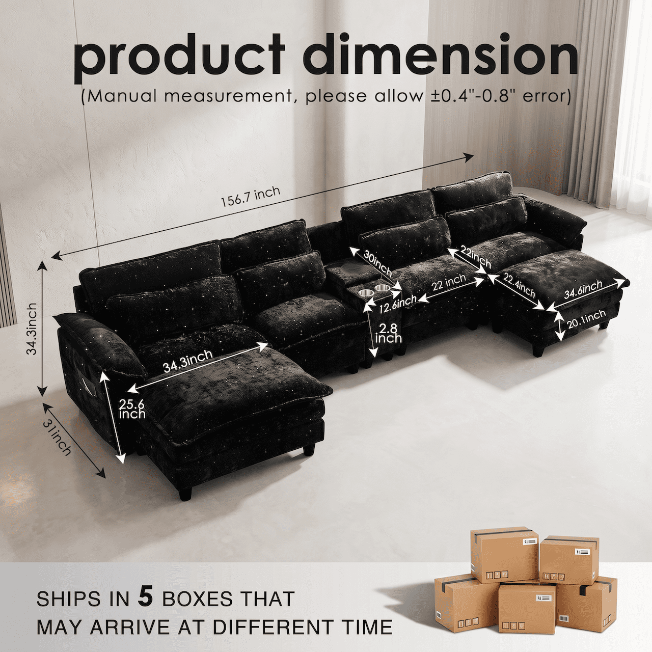 157" Convertible Cloud Sectional Sofa, Modern Chenille L Shaped Couch with Reversible Chaise, Deep Seat 6 Seat Sectional Sofa with Pillows, Comfy Upholstered Couch for Living Room Apartment (Black)