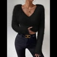 thumbnail image 4 of Suéter Corto de Larga con Cuello en V para Mujer, Informal, Liso, Ajustado, Cálido, de Punto Negro M, 4 of 8
