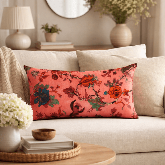 Decorative Lumbar Pillow for Living Room Couch Sofa | Floral Print Design Pillow with Insert 24x14" | Multicolor