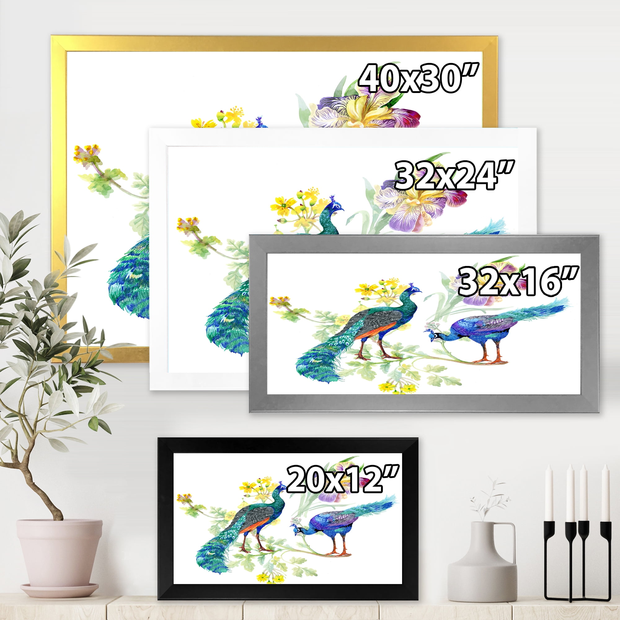 Designart 'Iris Flowers and Peacocks' Traditional Framed Art Print