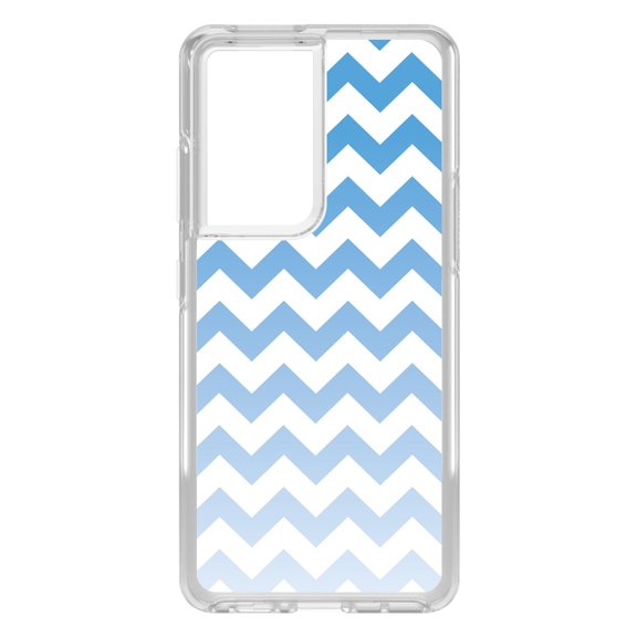 DistinctInk Clear Shockproof Hybrid Case for Galaxy S21 ULTRA 5G (6.8" Screen) - TPU Bumper, Acrylic Back, Tempered Glass Screen Protector - White Blue Fade Ombré Chevron Stripes