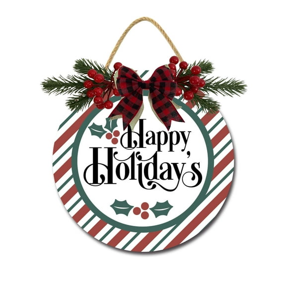 Happy Holidays Door Hanging Sign 12 Inch Wooden Wall Sign, Rustic Holiday Wreath Decor for Front Door Porch Home Window Wall Farmhouse Decorations