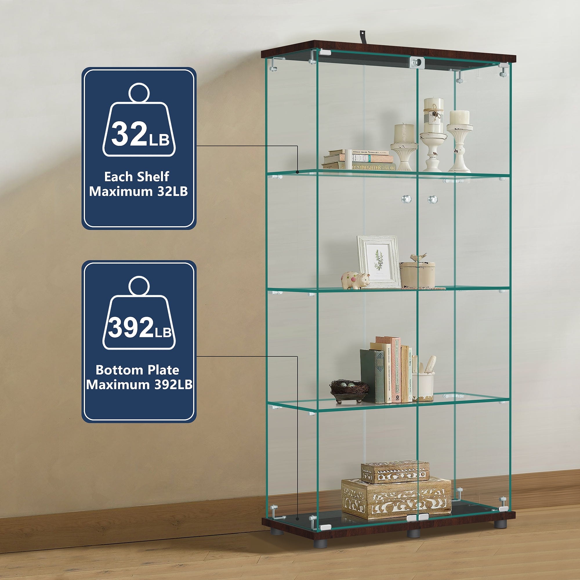 MAYEERTY 4-Tier Glass Display Cabinet with Double Door, Curio Cabinet Collection Showcase, Brown, 64.5"x32"x14.4"