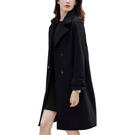 FUNING Women's Essential Elegant Wear Double Breasted Mid Long Wool Pea Coat