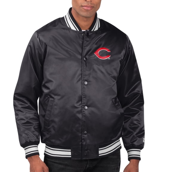 Men's Starter  Black Cincinnati Reds Printed Team Logo Satin Varsity Full-Snap Jacket