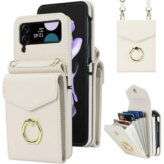 Compatible Samsung Galaxy Z Flip 4 Wallet Case Cream White with Card Holder,Ring Holder RFID Blocking Leather Wrist Strap Protective Case for Samsung Z Flip 4 5G Phone Case Flip 4 Case for Women
