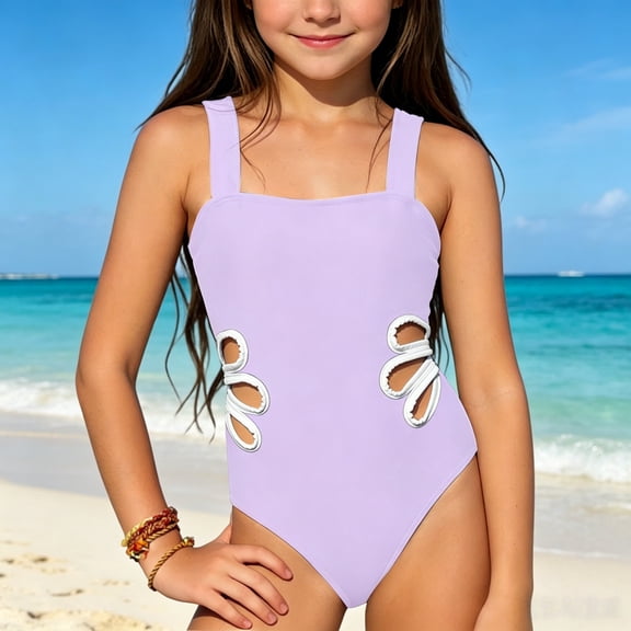 DAETIROS Girls One Piece Swimsuit Purple, Quick Dry Chlorine Resistant Bathing Suit for Kids, Fashion Swimwear with Side Cut Outs Sizes 8-12, Purple 9 Years