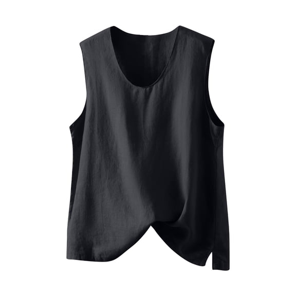 Ohufall Summer Cotton Linen Blouses for Women Fashion Casual Solid Color Side Split Crew Neck Tank Tops Womens Relaxed Fit Pullover Sleeveless Shirts