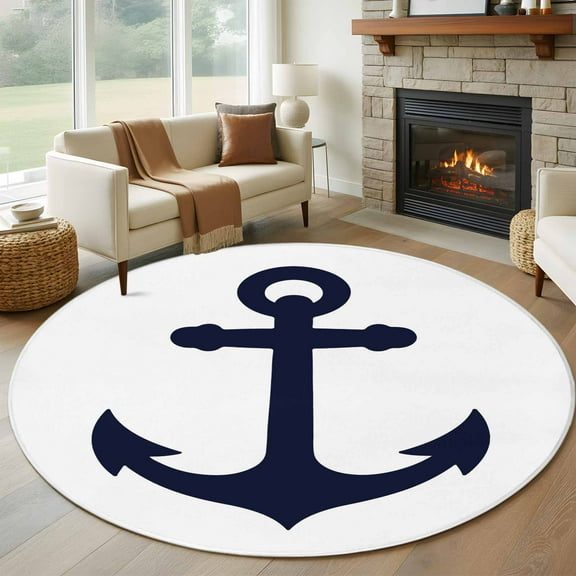 Nautical Anchor Round Rug 5ft Washable Circle Kitchen Rugs Non Slip Farmhouse Minimalist White Abstract Art Large Area Rug Indoor Floor Carpet for Bedroom Living Room Home Office Dining Room Nursery