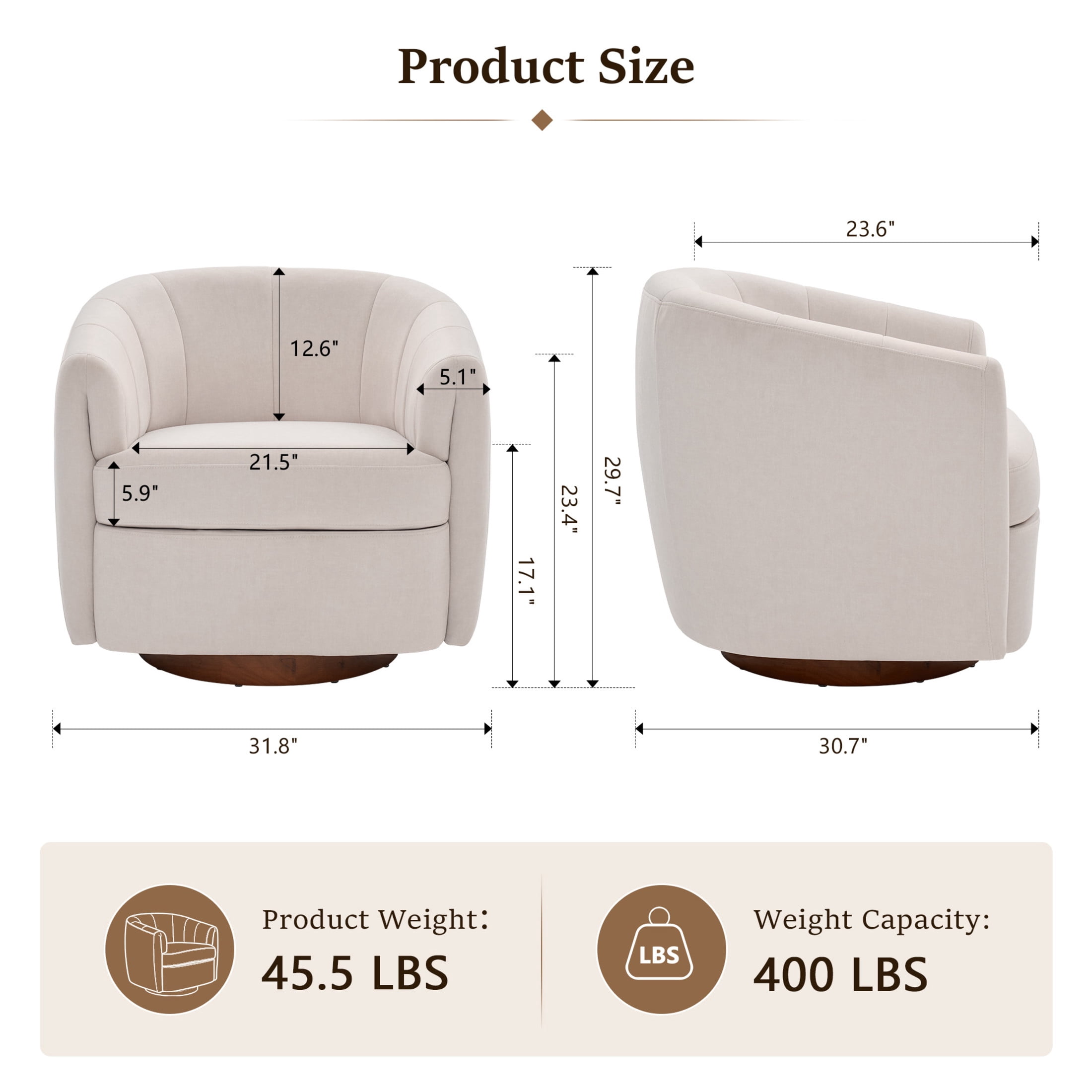 Noble House Swivel Accent Chair with Solid Wood Base, Velvet Upholstered Armchair for Living Room, White