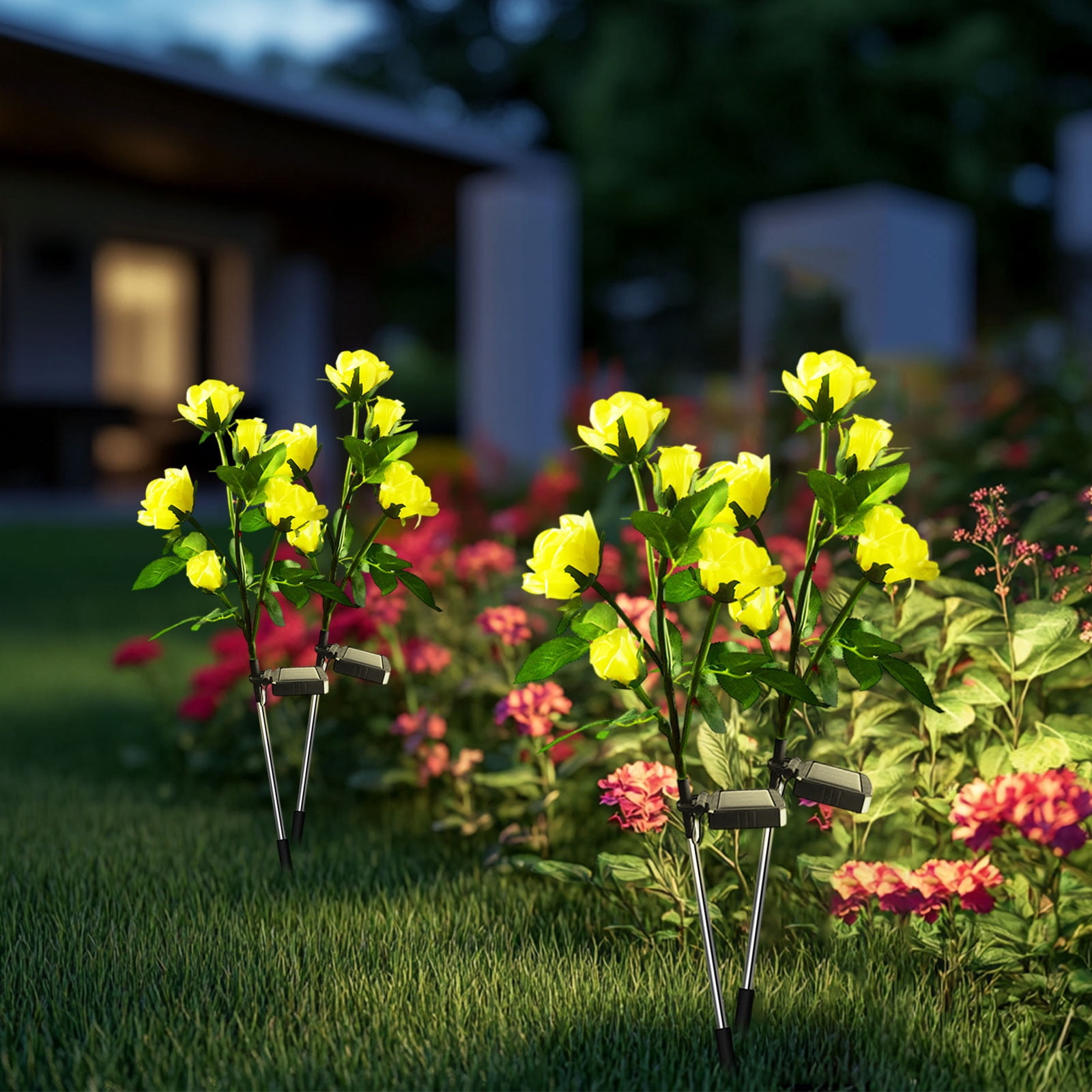 Solar Garden Lights,Solar Outdoor Lights with More Realistic 10 Rose WaterproofSolar Powered Flowers for Outside Patio Yard Pathway Decorations, 2 Pack