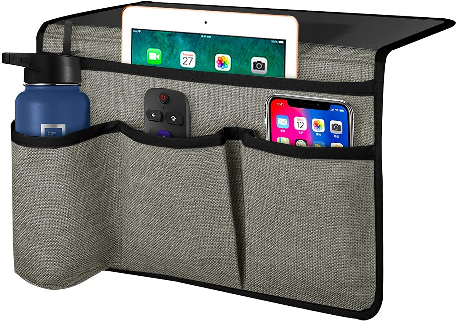 mDesign Bedside Organiser — Hanging Bedside Storage Unit with 4 Pockets — Bedside Pocket for Holding Phones Remote Controls and More — Light Grey Bottles