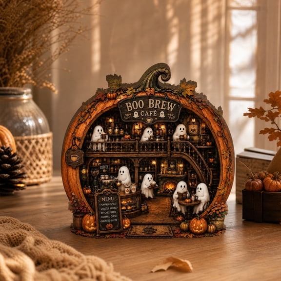Halloween 2D Wooden Decoration, Ghost Pumpkin Cafe Tabletop Decor with Spooky Tavern Scene Design, Halloween Home Decor for Shelf Mantel Desk Display, Fall Decor and Seasonal Home Decorations