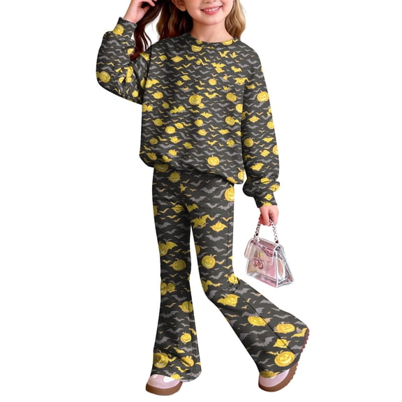 Grblisyd Girls 2 piece Outfits Long Sleeve Crew Neck Shirt and Flare Pants Set Halloween Trendy Fall Outfit Size 10-12 Years