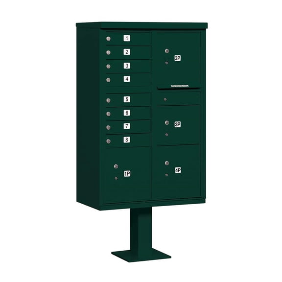 Cluster Box Unit with 8 Doors and 4 Parcel Lockers in Green with USPS Access Type VI