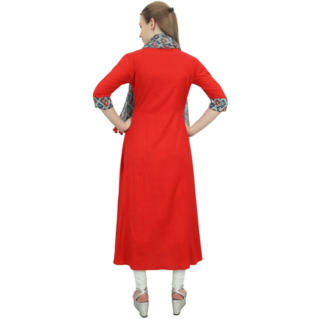 Bimba Indian Women Rayon Designer Red A-Line Kurta Ethnic Kurti With Scarf - 8