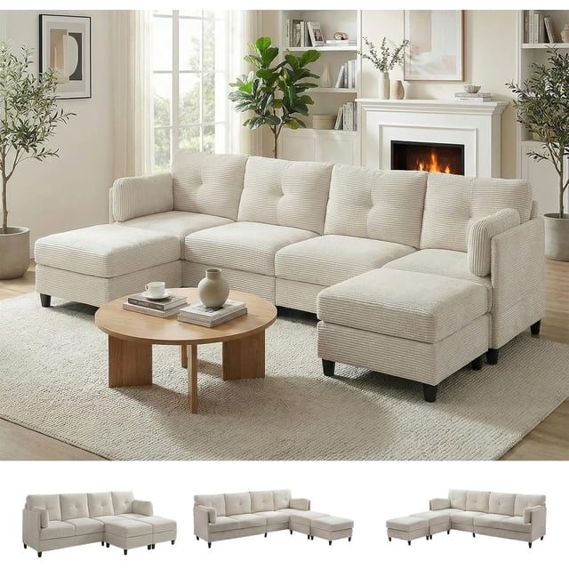 Puremind U Shaped Sectional Sofa, Corduroy Modular Sectional Couch with 2 Movable Ottomans for Living Room/Apartment, Beige