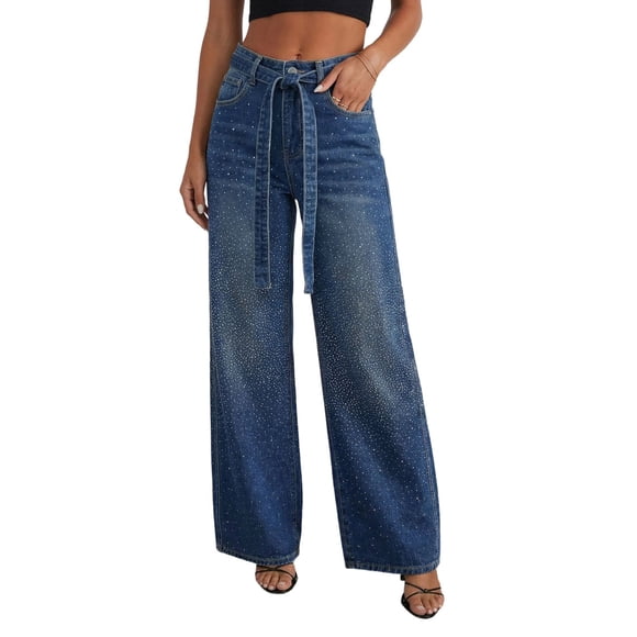 Women'S Rhinestone Jeans High Waisted Straight Leg Sparkly Bling Glitter Denim Pants with Belt XL