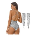 thumbnail image 2 of iiniim Womens Latin Dance Sparkly Sequins Leotard with Fringe Modern Jazz Dancewear Silver S, 2 of 7