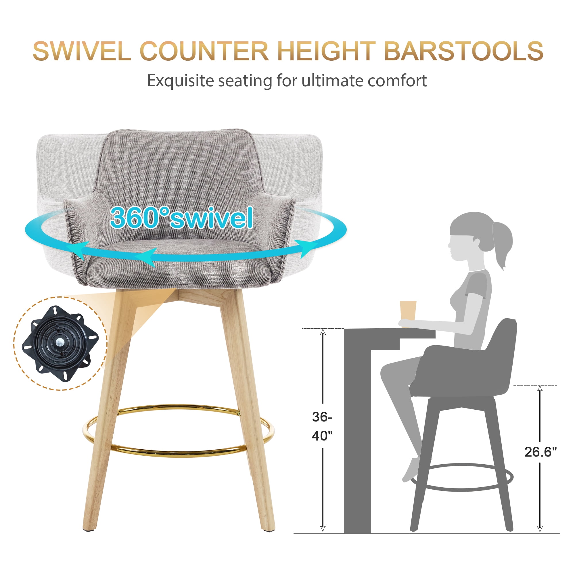 Zesthouse 26.6" Modern Bar Stools Counter Height, Swivel Single Bar Stool for Kitchen Island, Upholstered Linen Barstools with Barrel Back, Arms and Solid Wood Legs, Gray