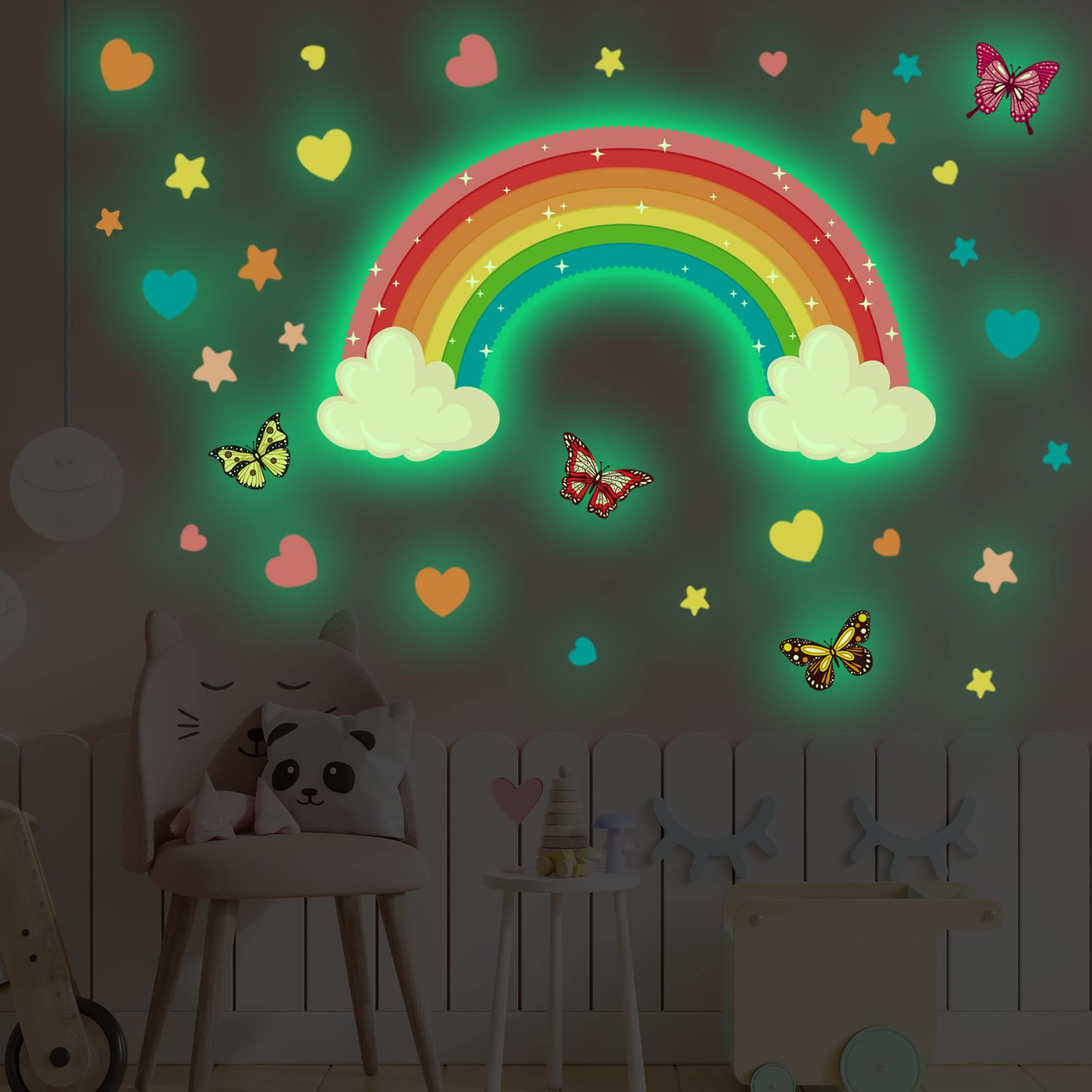 Glow in The Dark Large Rainbow Wall Decals Removable Star Butterfly