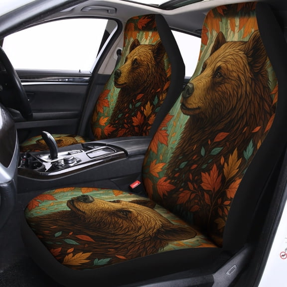 Rustic Bear Forest Car Seat Covers – Woodland Autumn Leaves Wildlife Art Auto Interior Decor, Brown Bear Car Seat Protector Set
