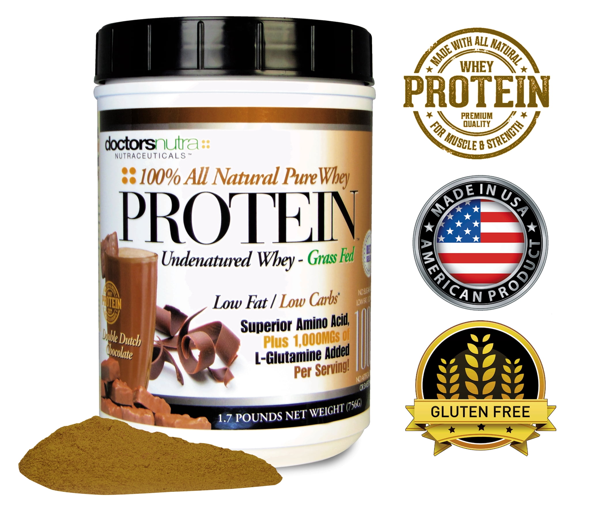Double Dutch Chocolate Whey Protein by Doctors Nutra Nutraceuticals, Low Carb Low Fat, Undenatured Grass Fed Ultra-filtered Plus 1000 Milligrams L-Glutamine 1.7 lb