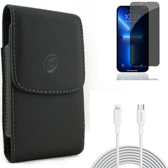 Privacy Screen Protector & 10ft PD Cable & Case Belt Clip for iPhone 13,Pro ONLY - Tempered Glass Curved Anti-Spy   USB-C Fast Charger Long   Leather Holster Cover Combo