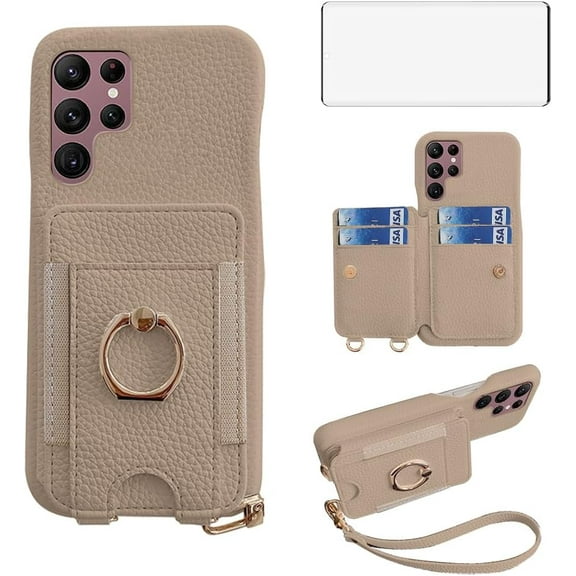 Phone Case for Samsung Galaxy S22 Ultra 5G Wallet Cover with Screen Protector and PU Leather Credit Ring Card Holder Stand Cell Accessories S22ultra 22S S 22 S22ultra5g 6.8 Women Men Brownc