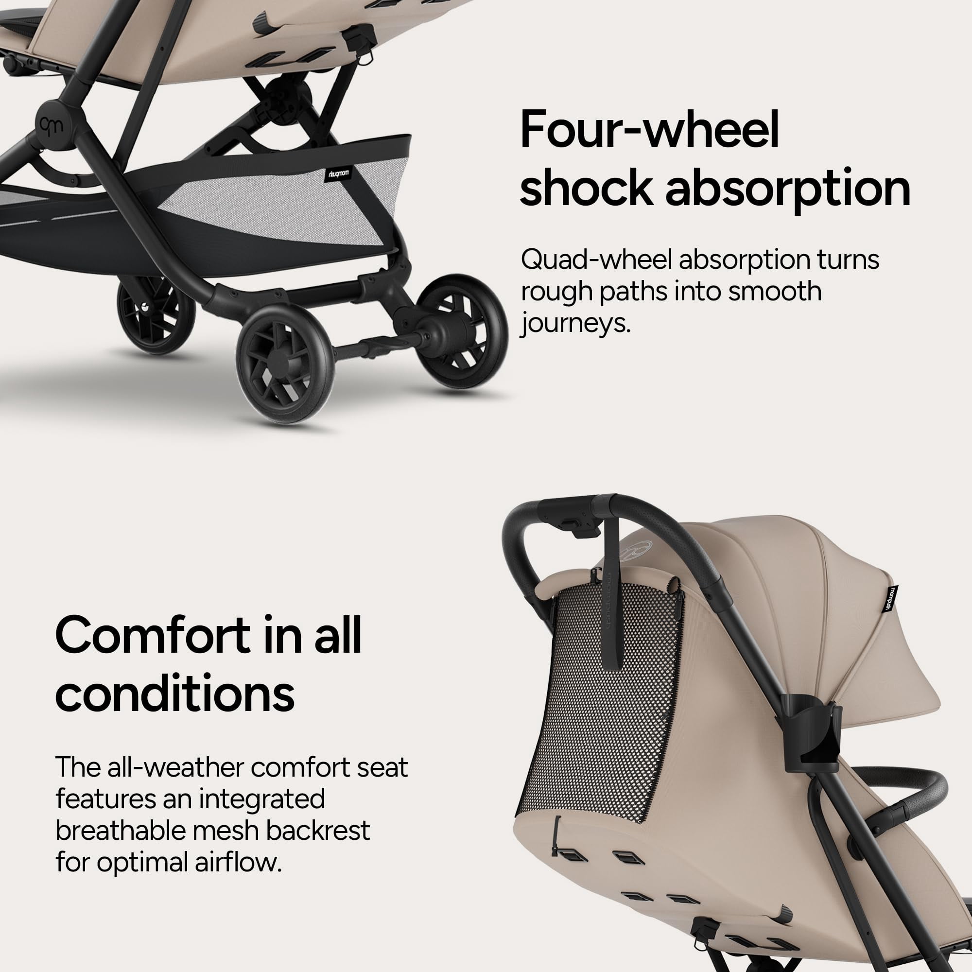 Mompush Velo Lightweight Travel Stroller with Lie-Flat Recline Seat, Airplane Friendly, Khaki, 18.8 LB, Unisex