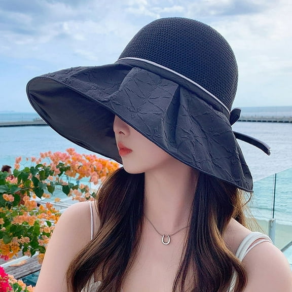 SikaFu Summer Vinyl Fisherman Hat Seaside Holiday Large Hat, Beach Hat Bow, Temperament Sunscreen Sun Hat Female