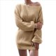 thumbnail image 3 of Vestido Tipo Jersey de Larga con Hombros Descubiertos y Farol para Mujer, de Otoño, Holgado, de Punto Acanalado, Liso Caqui XL, 3 of 9